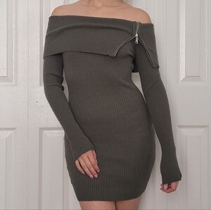 Off-Shoulder Ribbed Knit Dress in Olive Green